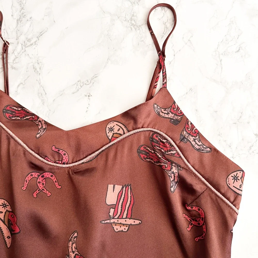 Midnight Bakery Spaghetti Strap Western Print Brown Satin Camisole Size Medium